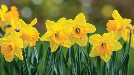 Fototapeta premium The trumpet-shaped blooms of daffodils herald the beginning of spring, their bright yellow petals a welcome sight after winter.