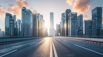 Fototapeta premium Downtown cityscape with road and tall buildings in the background