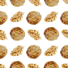 Walnut seamless pattern. Whole and without shell, nut fruit. Hand drawn watercolor illustration isolated on white background. For packaging paper, cards, textiles, fabric, covers.