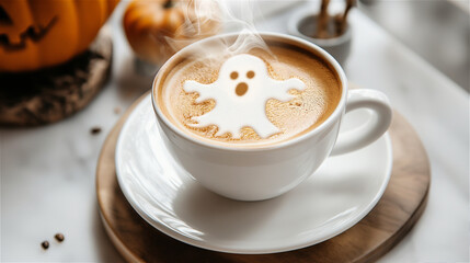 A cup of hot coffee with steam escaping from it stands on a saucer on a white background. There is a drawing of a ghost on the foam. Halloween concept in a coffee shop.