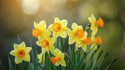 Obraz premium The trumpet-shaped blooms of daffodils herald the beginning of spring, their bright yellow petals a welcome sight after winter.