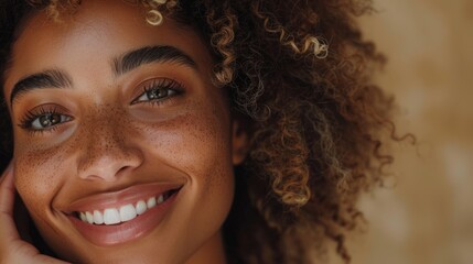 A close-up view of an African American woman with curly hair smiling warmly