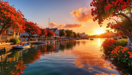 Fototapeta premium Sunset over the canal in a tropical town.