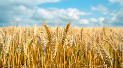 Naklejka premium A field of golden barley stretches out under a clear blue sky dotted with fluffy white clouds. The stalks are full and ripe, ready for harvest