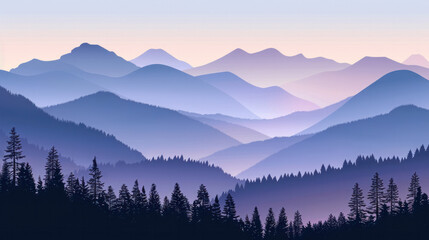 Obraz premium A peaceful mountain range with a forest in the foreground, bathed in the soft light of twilight