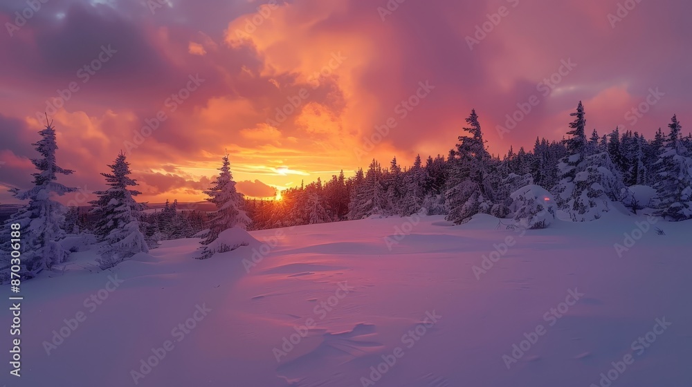 Poster The unique beauty of a sunset over a snowy landscape, the sky turning into a symphony of colors and the snow reflecting the light, creates a magical and serene scene.