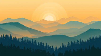  a sunset over a vast mountain range, with silhouetted trees in the foreground. The sky is a warm orange, with the sun setting behind the peaks