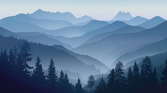 mountains & pine trees in front of a misty sky. Soft blues & grays create a peaceful setting