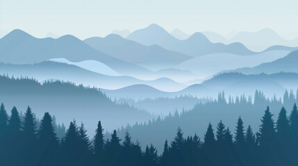  a misty mountain landscape with a view of a forested valley at sunrise. The silhouette of the mountains and trees are shown in shades of blue