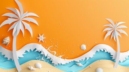 A beach scene with paper cut waves palm trees