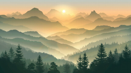 Obraz premium a misty dawn over a vast forest landscape. Layers of mountains are silhouetted against the warm light of the rising sun