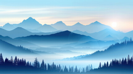  a misty mountain range with a forest in the foreground. The sun is rising over the mountains, creating a soft blue light