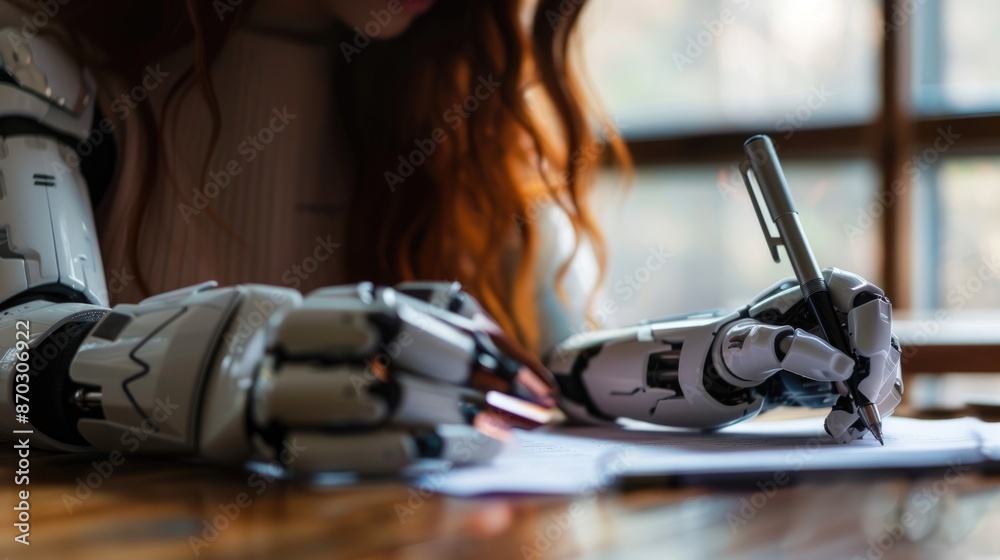 Poster human-robot hybrid writing notes in hi-tech setup, highlighting integrating advanced tech with human