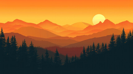 Obraz premium a sunset over a mountain range with silhouette of pine trees in the foreground. The sky is a vibrant orange, and the mountains are a deep red
