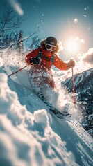 Naklejka premium Skier in mountains, prepared piste and sunny day