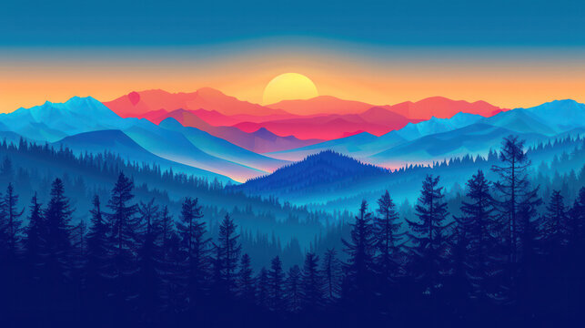 a vibrant sunset over a dense forest of silhouetted pine trees in a mountain range