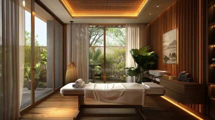 Fototapeta premium Spa treatment room with elegantly set massage table for relaxation