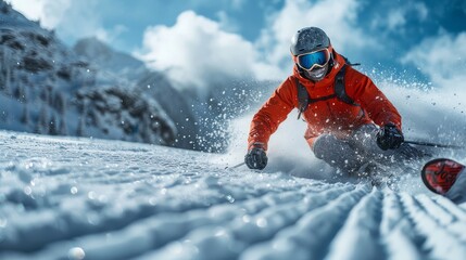 Skier in mountains, prepared piste and sunny day