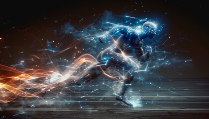 Digital humanoid sprinting in a futuristic, glowing blue lines, dark background