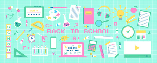 Set of school supplies. Back to school. Online education. School themed stickers in flat style. Vector illustration