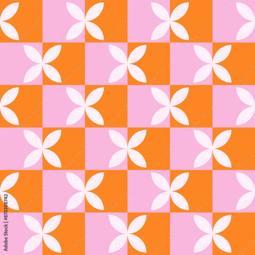 Poster Trendy retro geometric seamless pattern with colorful squares and flowers. Modern abstract background. Pink, orange and white colors. Vector illustration