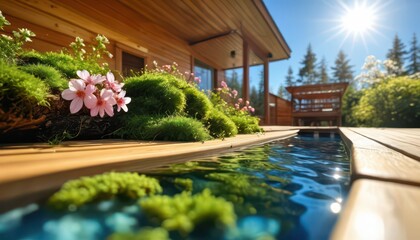 Fototapeta premium Modern Wooden Pool With Flowers and Moss.