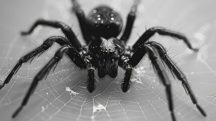 A close-up image of a black spider resting on a white web, shot in black and white