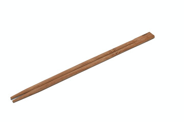 Two wooden chopsticks lie on a white background.