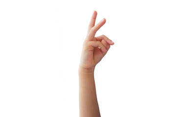 Asian boy's hands showing gestures on white background.