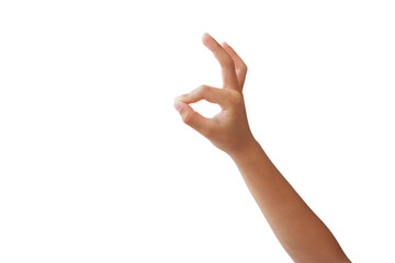 Naklejka premium Asian boy's hands showing gestures on white background.