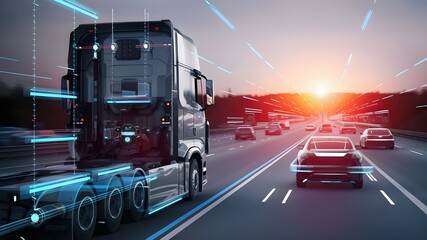 An aerial image of a self-driving vehicle on a highway, assessing its surroundings with traffic sensors.