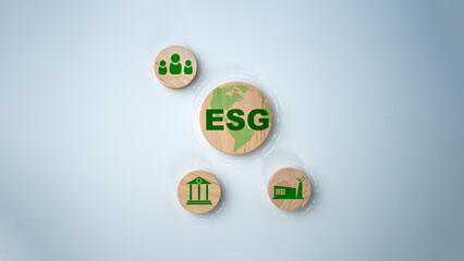 ESG concepts for sustainable environment, society and governance Businesses are environmentally responsible, A circular wooden board with the abbreviation ESG printed on a light white background.