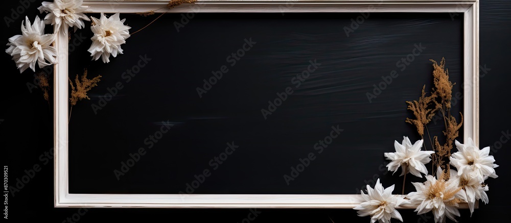Poster a white wooden frame with a dried flower against a black textured backdrop creates an elegant copy s