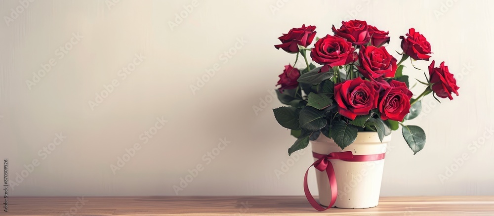 Aufkleber Red roses in a pot with a ribbon on a wooden table against a light backdrop with copy space image.