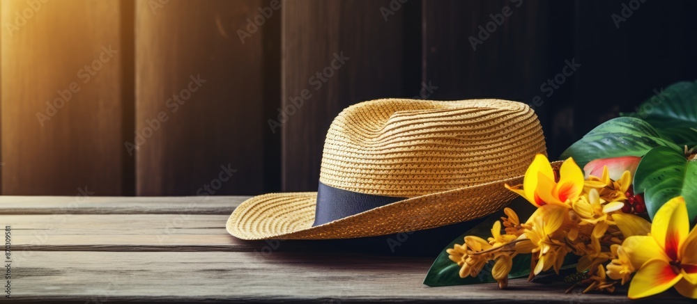 Poster close up view of summer accessories displayed on a wooden table with copy space image.
