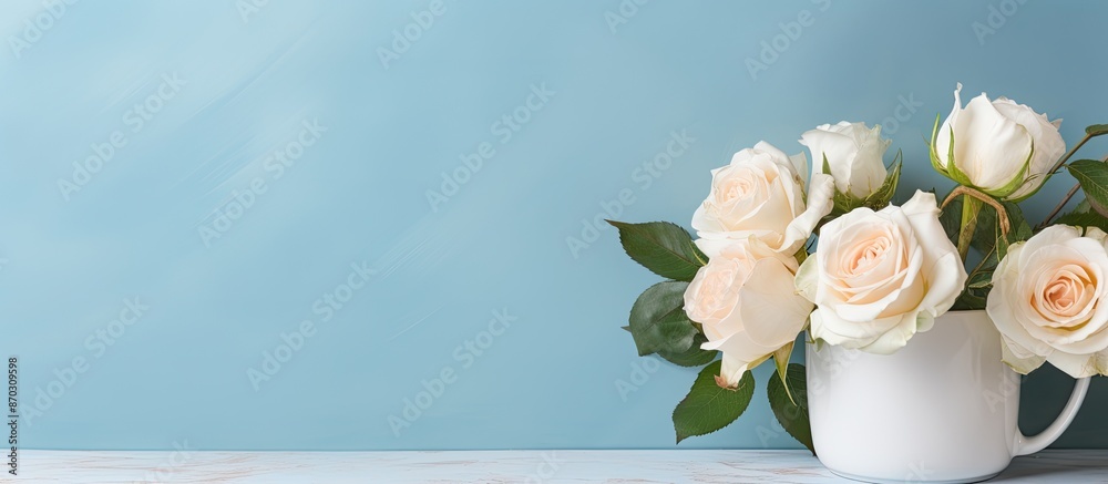 Poster a light blue cup holds white roses on white marble, set against a blue wall, with selective focus an