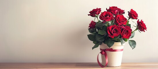 Obraz premium Red roses in a pot with a ribbon on a wooden table against a light backdrop with copy space image.