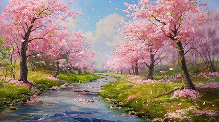 a beautiful valley of cherry blossoms in pink flowers along a stream against a background of mountains and sky, gouache, wallpaper with a summer landscape for your desktop