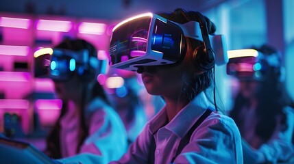 Illustrate a futuristic classroom where students are using virtual reality to learn about literacy. The students are wearing VR headsets and interacting with immersive reading experiences, showcasing
