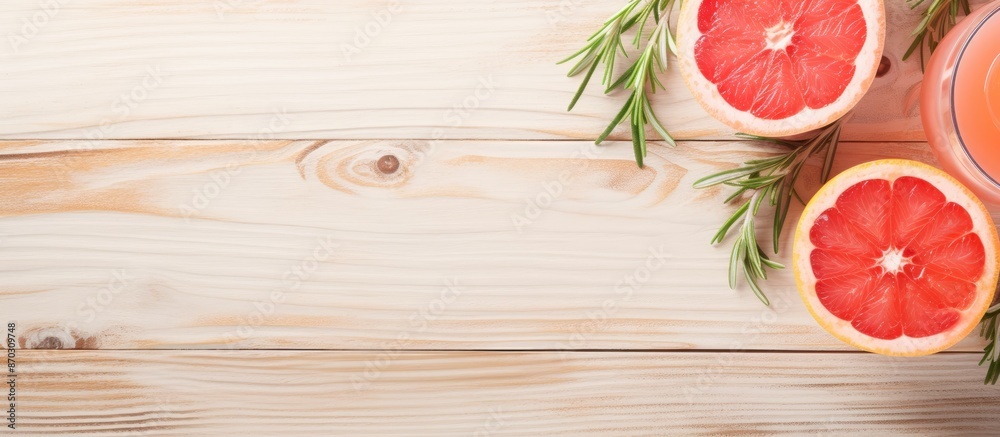 Fototapete top-down view of a delicious grapefruit beverage with ice, garnished with rosemary and fruits, set o