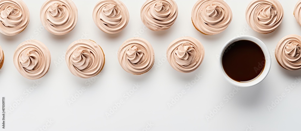 Aufkleber view from above of chocolate meringue cookies and a cup of coffee on a white surface with a blank ar