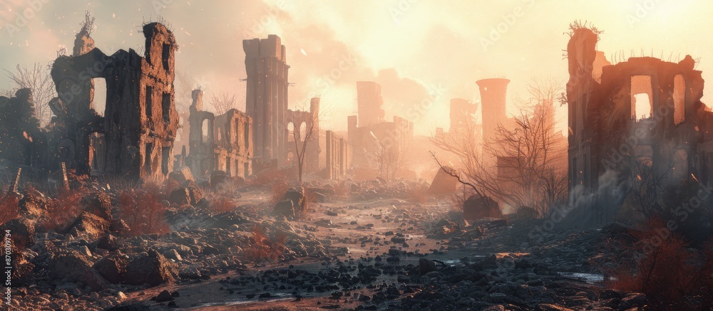 Poster Walls of buildings in ruins of war. with copy space image. Place for adding text or design