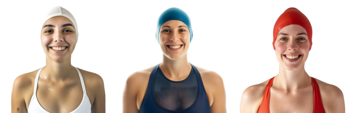 Smiling female swimmer, woman in swimsuit isolated on a transparent PNG background, white background , cut out, clipping path, Generative Ai - Powered by Adobe
