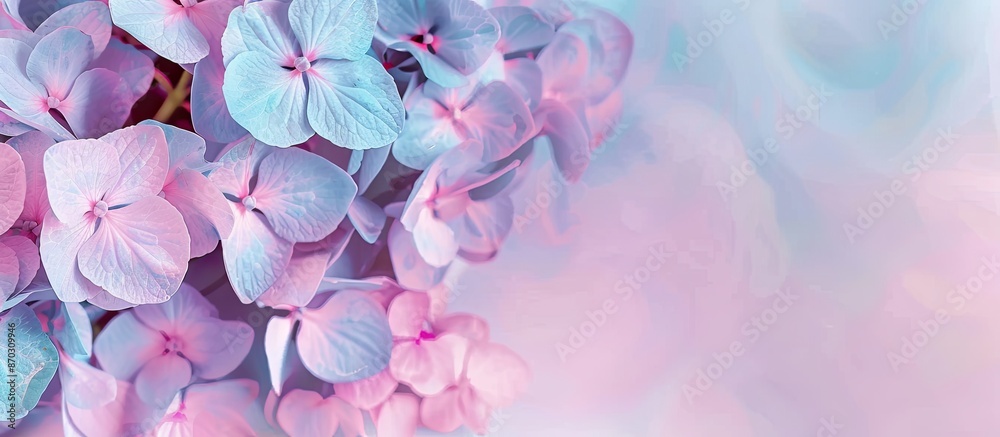 Poster bouquet flower hydrangea isolated on pastel background. with copy space image. place for adding text
