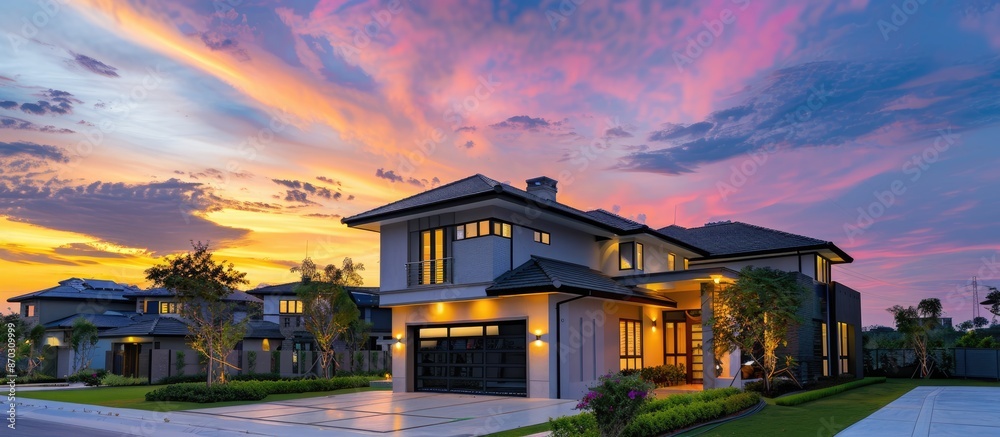 Poster beautiful luxury home exterior at twilight with colorful sunset sky. copy space image. place for add