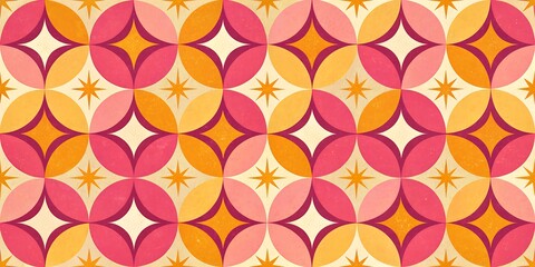 Vibrant pink and yellow retro geometric pattern features stylized stars, circles, and atomic age motifs in a seamless, mid-century modern design with nostalgic flair.