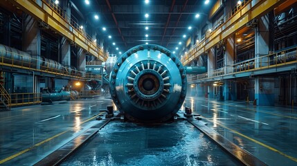 Fototapeta premium Hydroelectric dam turbine in power plant. Large turbine in a hydroelectric power plant, set in a spacious, well-lit industrial facility with high ceilings and modern equipment.
