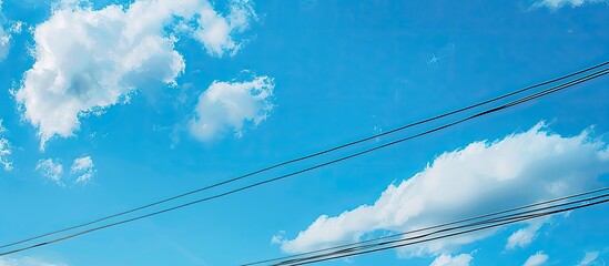 Fototapeta premium Sparse, barely visible electrical cables intersect on the right side of the photo, featuring altocumulus white clouds against a blue sky; suitable as a copy space image.