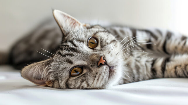 happy silver American shorthair kitten cat is relaxing spoiled lying on white bed isolated on white background