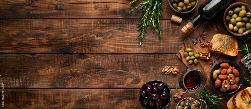 Poster Top view of a wooden table displaying wine appetizers like toasts, nuts, and olives with ample space for text or images.